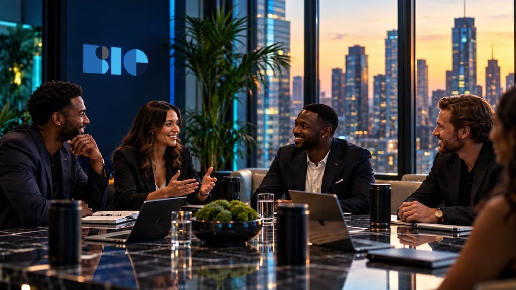 Professionals in a BIG boardroom discussing opportunities at sunset