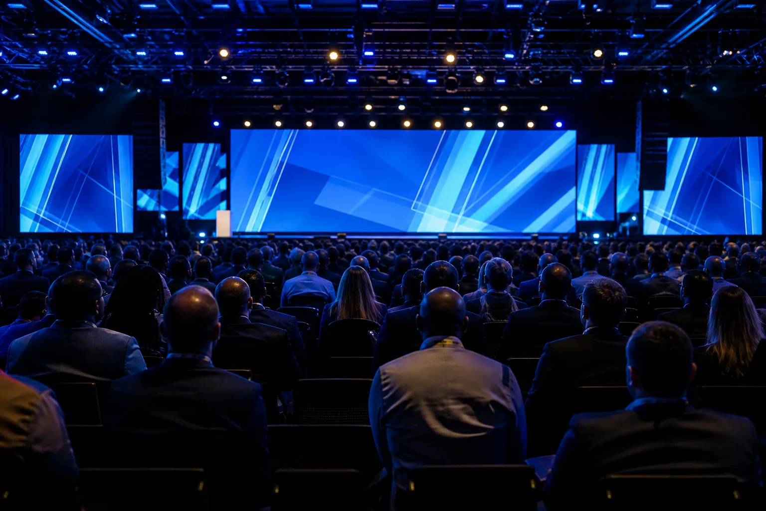 Audience facing a stage with blue lighting at a premium media and business event